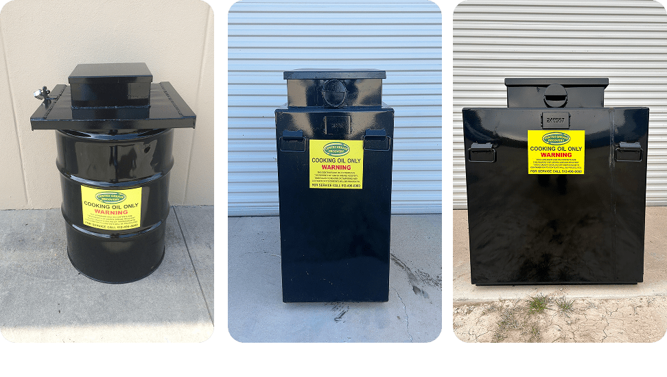 A black trash bin with a yellow biohazard label outside a building.