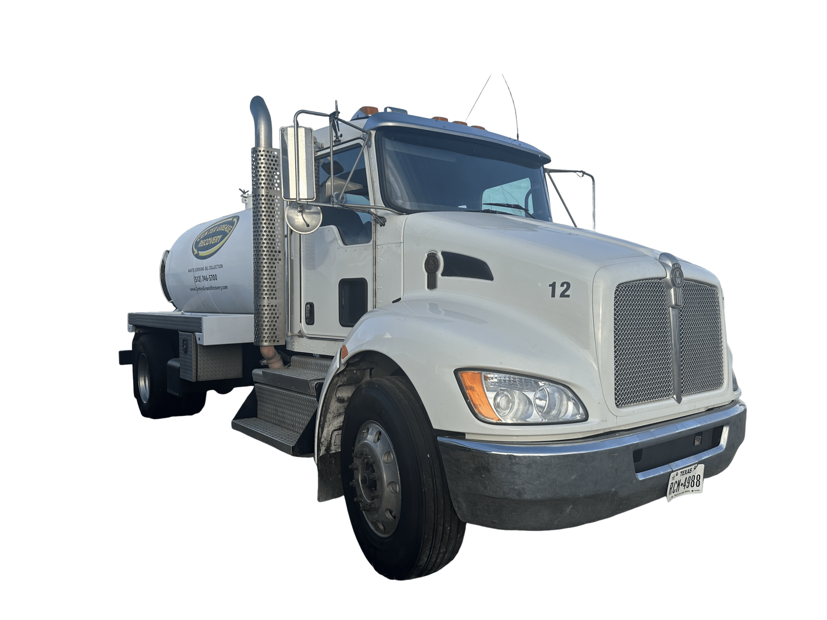 A large white tanker truck with a blue cab and chrome exhaust pipes.